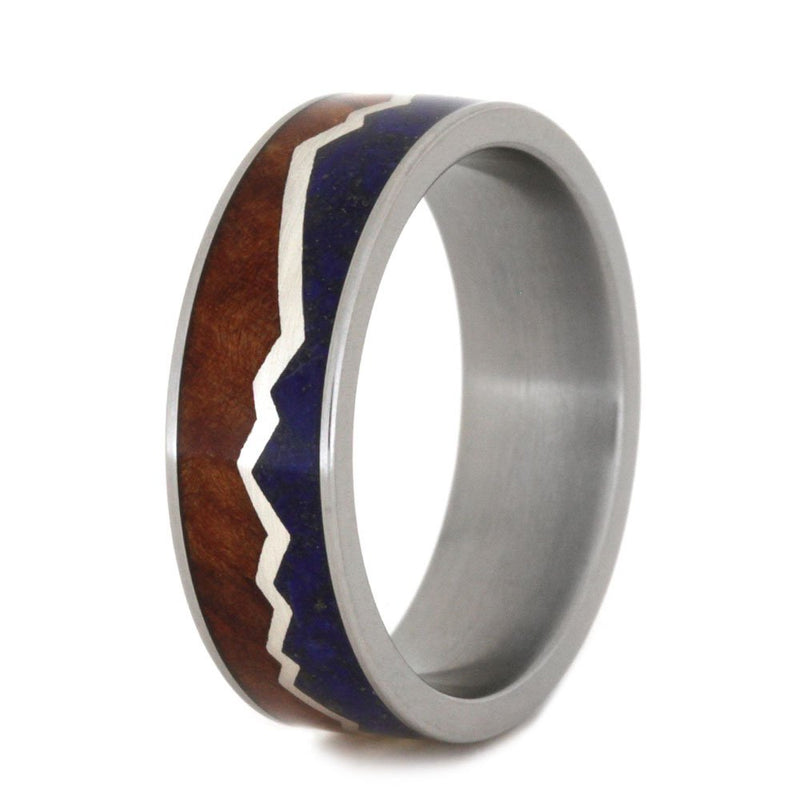 Redwood Mountains, Lapis Blue Sky, Sterling Silver 7mm Comfort-Fit Matte Titanium Wedding Band