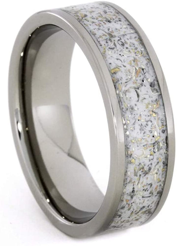 The Men's Jewelry Store (Unisex Jewelry) White Stardust with Meteorite and 14k Yellow Gold 7mm Comfort-Fit Titanium Ring, Size 10.25