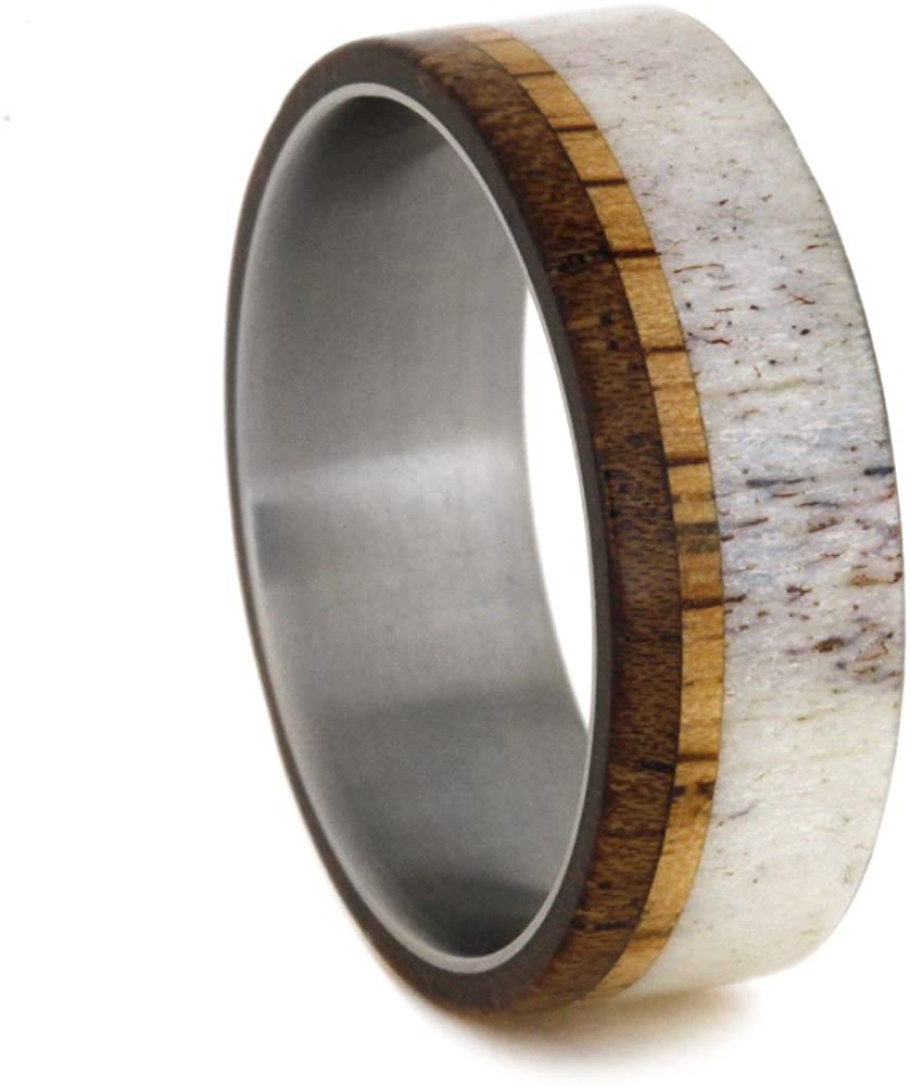 Deer Antler, Black Mesquite, Oak Wood 8mm Comfort-Fit Titanium Wedding Band, Size 6.25