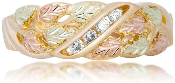 Ave 369 10k Yellow Gold, 12k Rose and Green Gold 4-Stone Diamond Black Hills Gold Band, His and Hers Wedding Ring Set