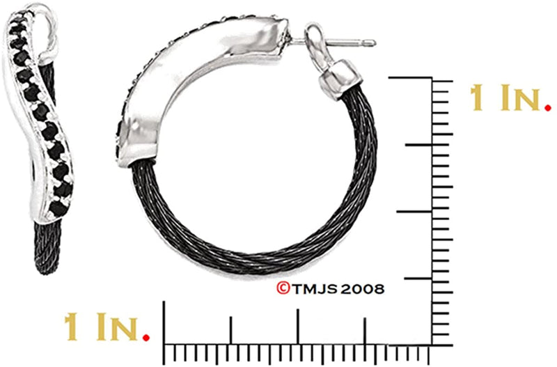 Tango Collection Black Titanium Cable, Argentium Silver Cable Black Spinel Hoop Earrings (.78 Cttw)