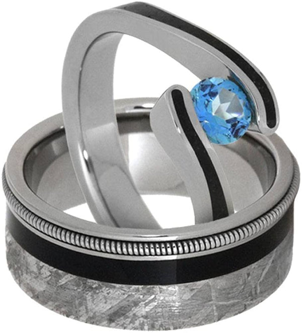 Aquamarine Tension-Set Ring and Ebony Wood, Gibeon Meteorite, Guitar String Titanium Band, HIS Sizes 12 to 16, HER Sizes 4 to 9.5