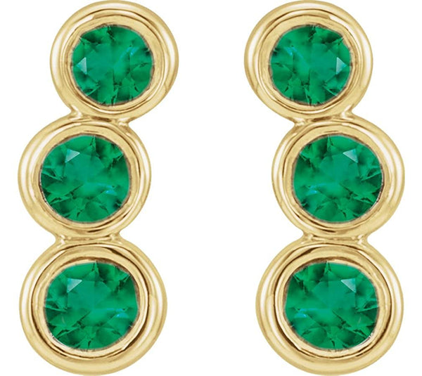 Chatham Created Emerald Three-Stone Ear Climbers, 14k Yellow Gold