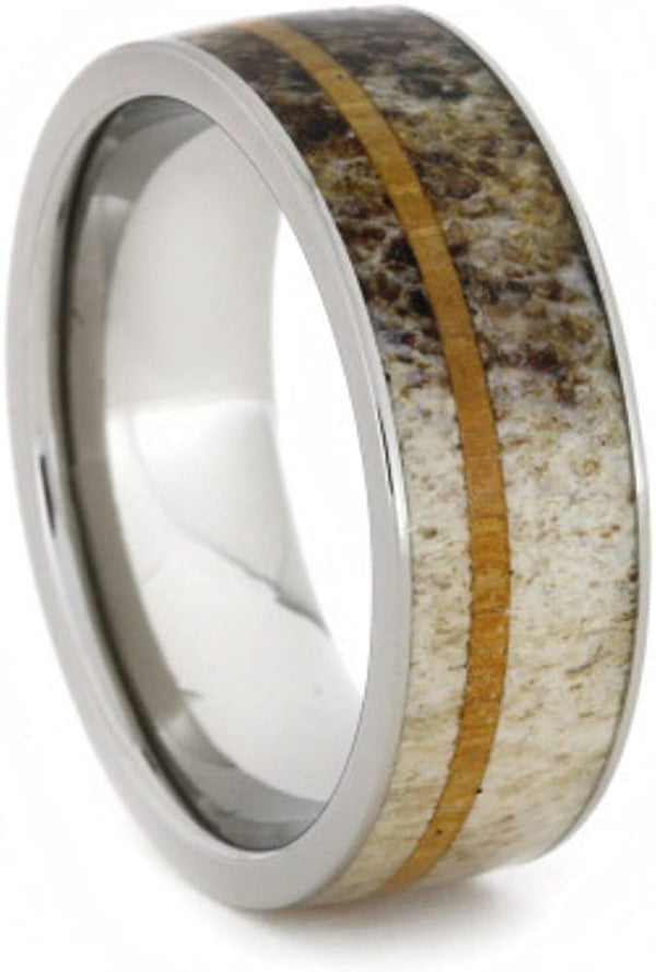 Antler with Oak Wood Pinstripe 8mm Comfort-Fit Titanium Ring, Size 16