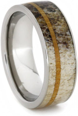 Antler with Oak Wood Pinstripe 8mm Comfort-Fit Titanium Ring, Size 11.75