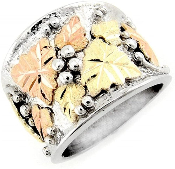 Graduated Leaf Ring, Sterling Silver, 12k Green and Rose Gold Black Hills Gold Motif, Size 8.75