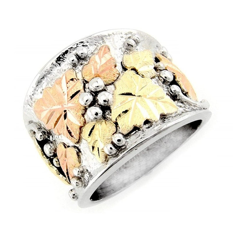 Graduated Leaf Ring, Sterling Silver, 12k Green and Rose Gold Black Hills Gold Motif