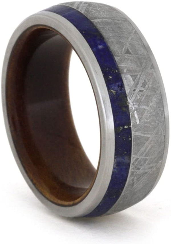 Lapis Lazuli, Gibeon Meteorite, Wood Sleeve 9mm Comfort-Fit Titanium Brushed Band, Size 14.75