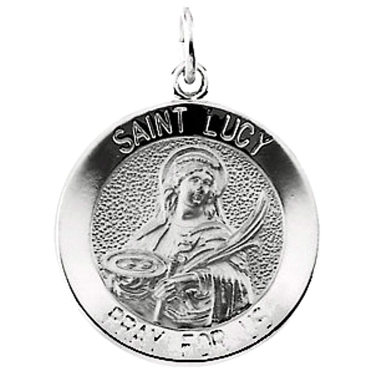 Rhodium Plated 14k White Gold Round St. Lucy Medal (18.25MM)