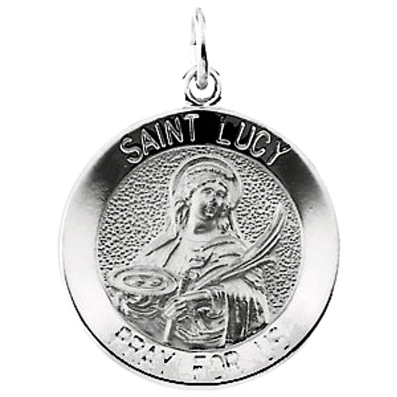 Rhodium Plated Sterling Silver Round St. Lucy Medal (14.5MM)