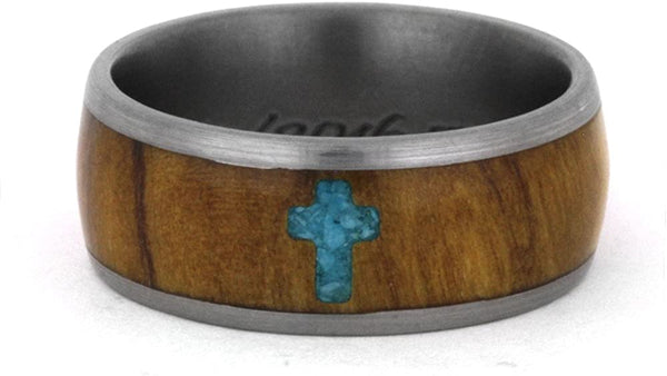 Inlaid Turquoise Cross, Olive Wood 8mm Comfort-Fit Matte Titanium Band, Size 15.25