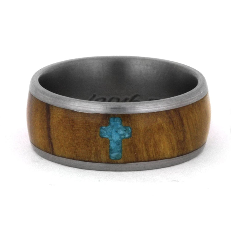 Inlaid Turquoise Cross, Olive Wood 8mm Comfort-Fit Matte Titanium Band, Size 8.5