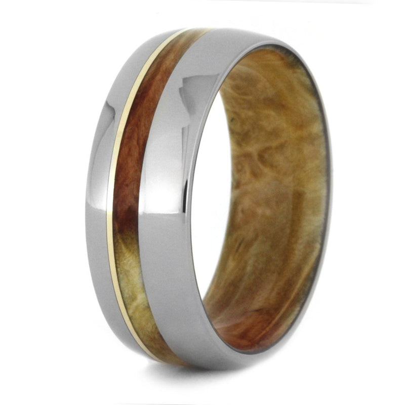 Flame Box Elder Burl, 14k Yellow Gold 8mm Comfort-Fit Titanium Wedding Band