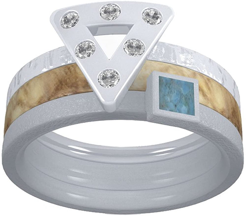 6-Stone Diamond Triangle Ring, Buckeye Burl Wood Ring, Turquoise Ring, Three Stacking Bands Set Size 16
