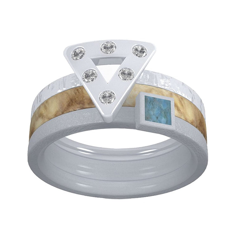 6-Stone Diamond Triangle Ring, Buckeye Burl Wood Ring, Turquoise Ring, Three Stacking Bands Set