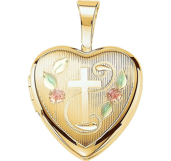 Petite Diamond-Cut Cross and Roses 14k Yellow Gold Plated Sterling Silver Locket Pendant (12.50X12.00 MM)