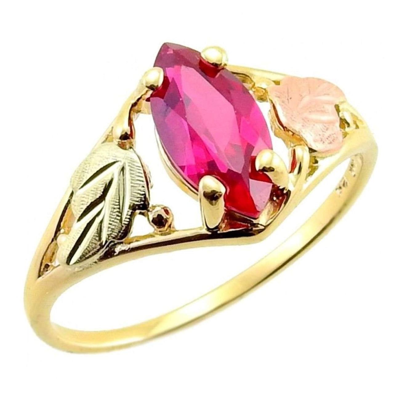 Ave 369 Created Marquise Ruby Ring, 10k Yellow Gold, 12k Green and Rose Gold Black Hills Gold Motif