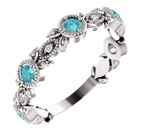 Blue Zircon and Diamond Vintage-Style Ring , Rhodium-Plated 14k White Gold (0.03 Ctw, G-H Color, I1 Clarity)