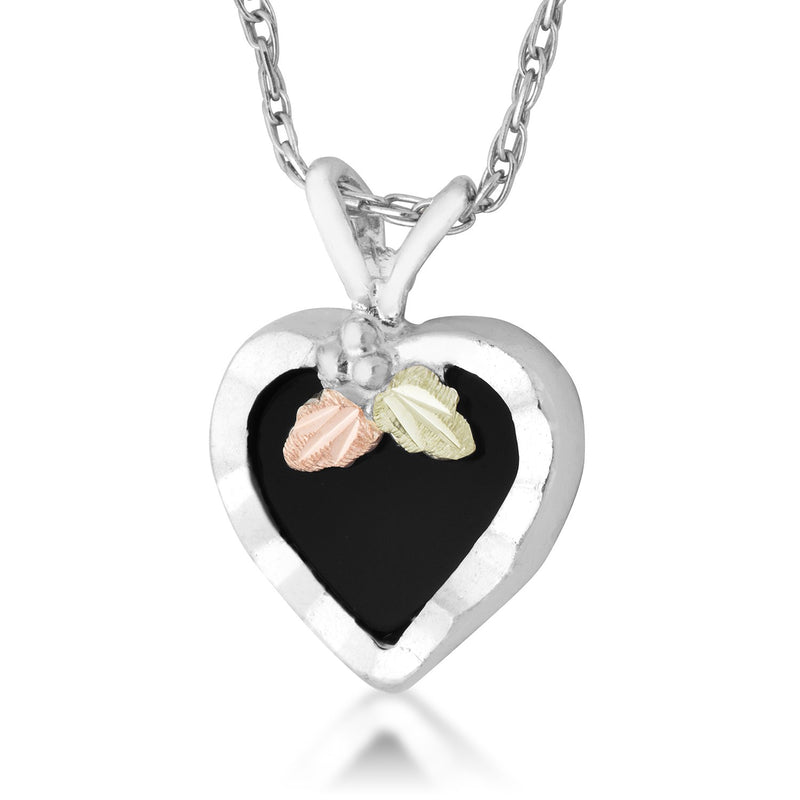 Onyx Heart Pendant Necklace, Sterling Silver, 12k Green and Rose Gold Black Hills Gold Motif, 18''