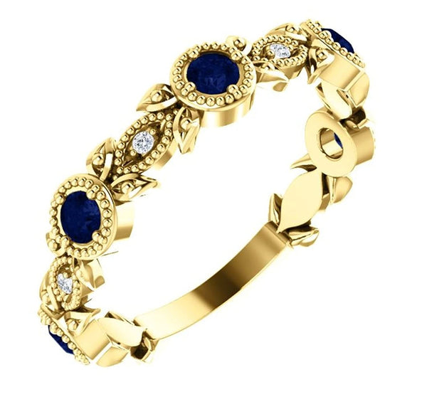 Blue Sapphire and Diamond Vintage-Style Ring, 14k Yellow Gold (0.03 Ctw, G-H Color, I1 Clarity)