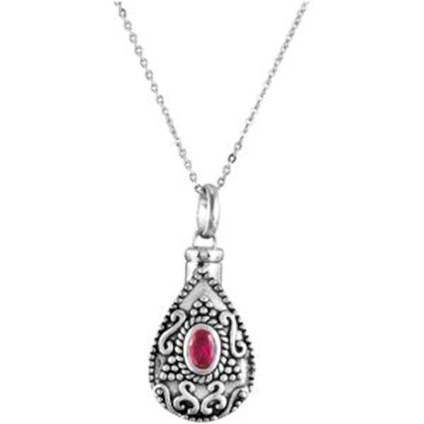 Red CZ Teardrop Ash Holder Necklace, Rhodium Plate Sterling Silver, 18"