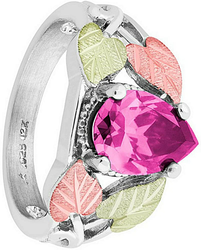 Pear Pink CZ Ring, Sterling Silver, 12k Green and Rose Gold Black Hills Gold Motif, Size 7.25