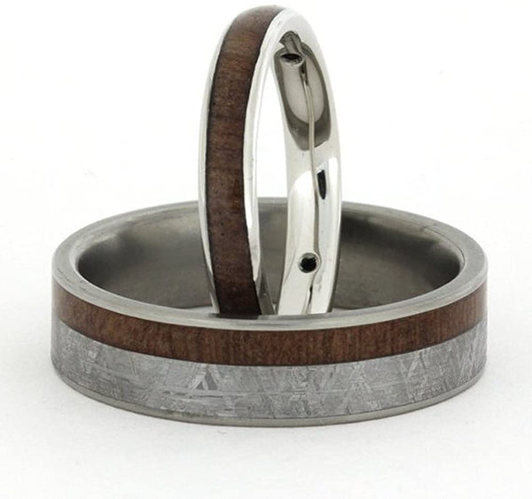 2-Stone Diamond, Gibeon Meteorite, Snakewood Ring, Gibeon Meteorite and Snakewood Titanium, Couples Wedding Band Set, M10.5-F4.5