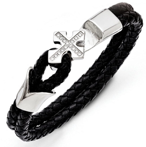 Mens Black Leather, Stainless Steel and CZ Cross Bracelet, 7"