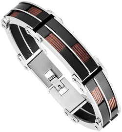 Men's Black Ion Plated with Brown Wire Link Bracelet, Stainless Steel, 8.75"