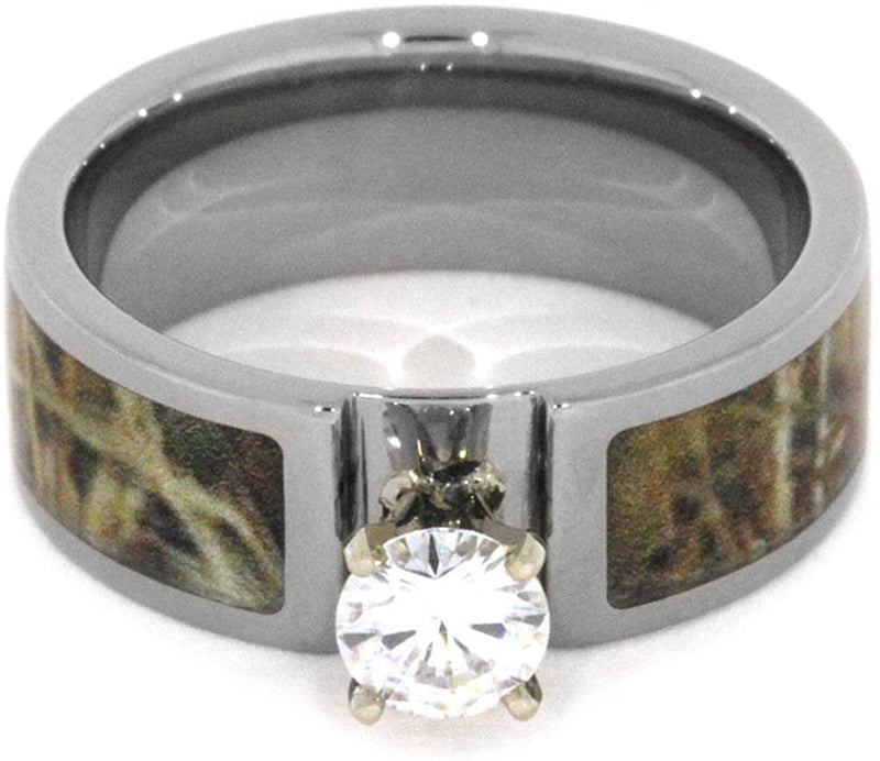 Forever One Moissanite, Camo Engagement Ring and Deer Antler, Camo Print Titanium Band, His and Her Wedding Band Set, M9-F4