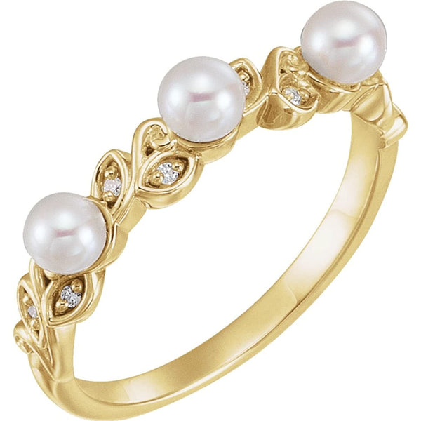 White Cultured Pearl, Diamond Stackable Leaf Ring, 14k Yellow Gold (3.5mm)(.03Ctw, Color G-H, Clarity I1)