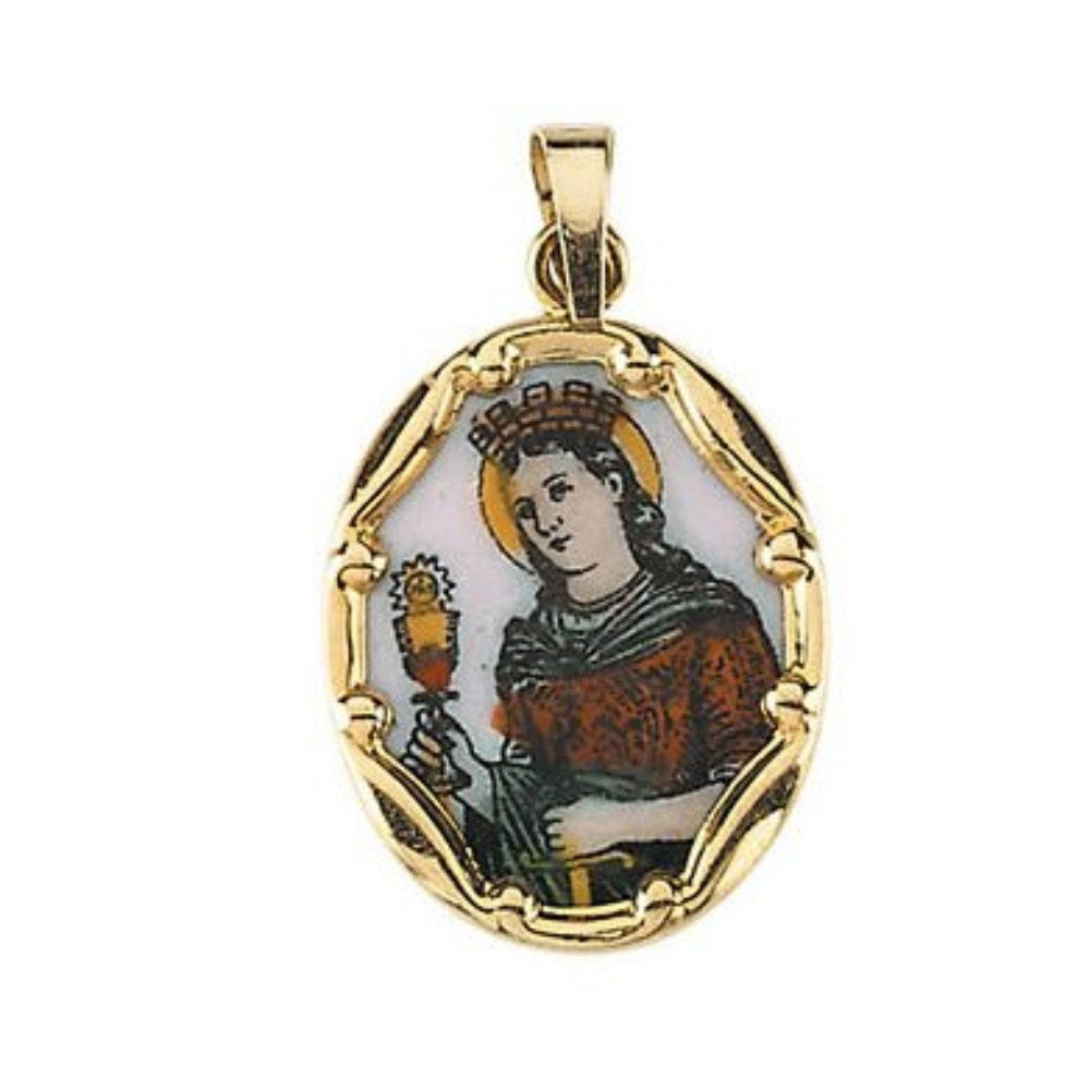 14k Yellow Gold St. Barbara Hand-Painted Porcelain Medal (13x10 MM)