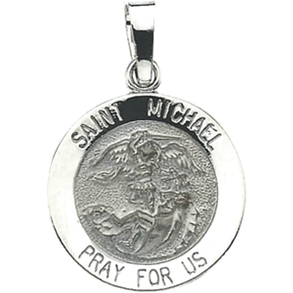 14k White Gold Antiqued Round St. Michael Medal (15 MM)