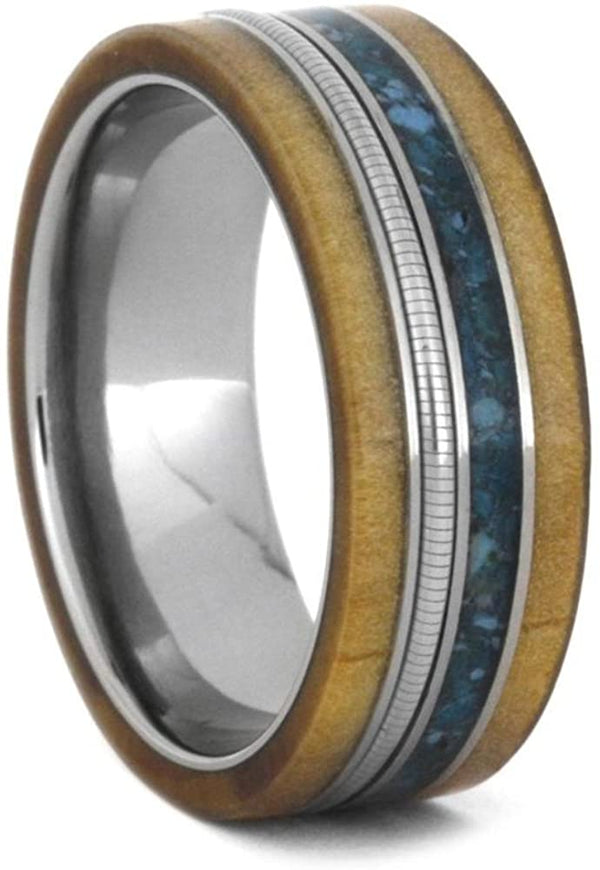 Crushed Turquoise, Rowan Wood, Cello String, 8mm Titanium Comfort-Fit Wedding Band, Size 4.25
