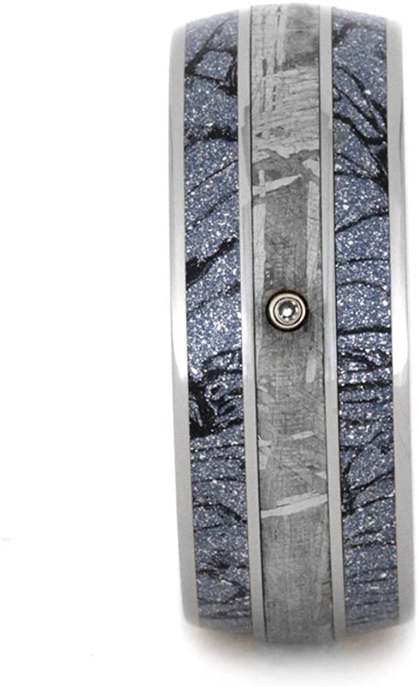 White Sapphire, Gibeon Meteorite, Cobaltium Mokume 8.5mm Comfort-Fit Titanium Wedding Band, Size 15.25