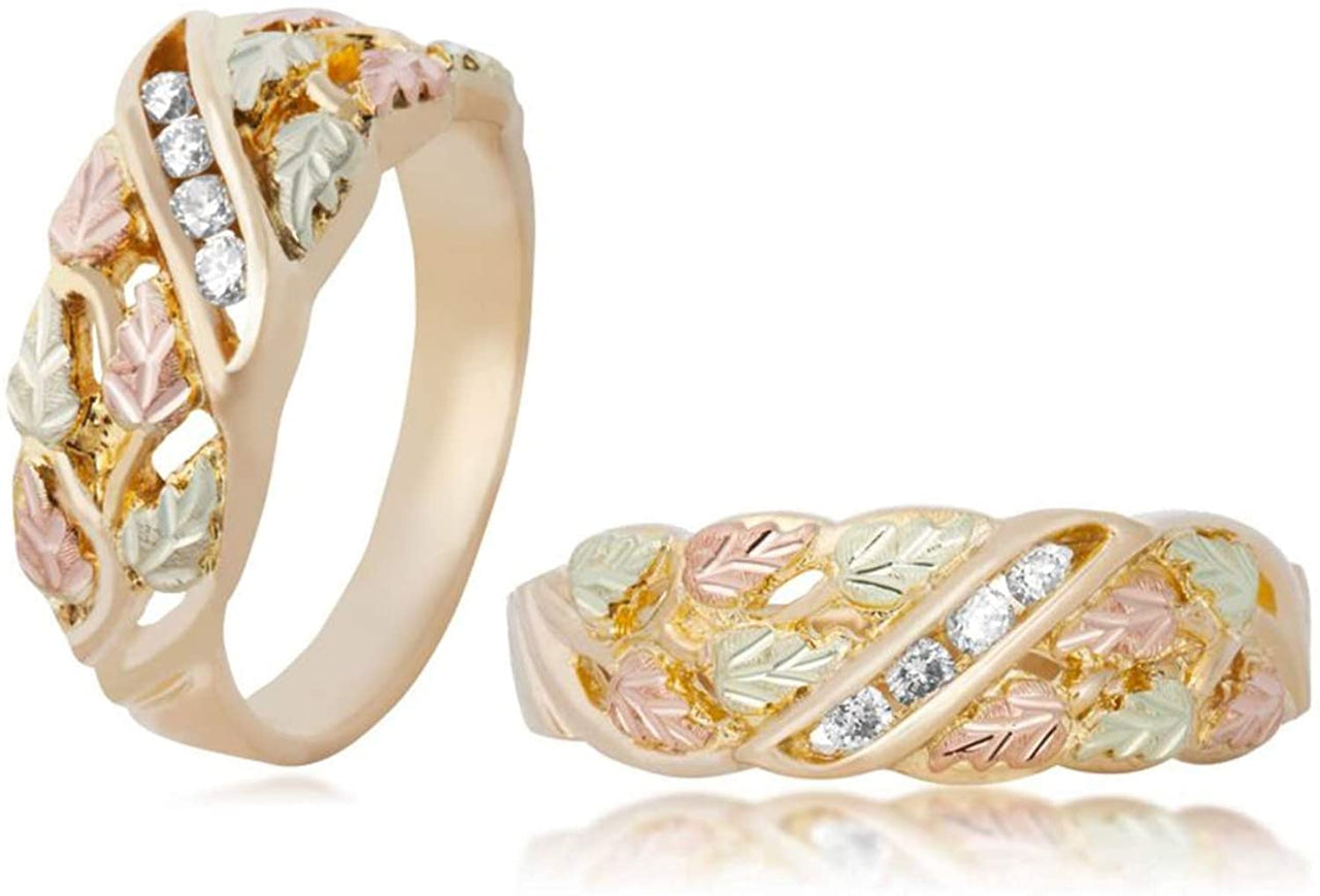 Ave 369 10k Yellow Gold, 12k Rose and Green Gold 4-Stone Diamond Black Hills Gold Band, His and Hers Wedding Ring Set