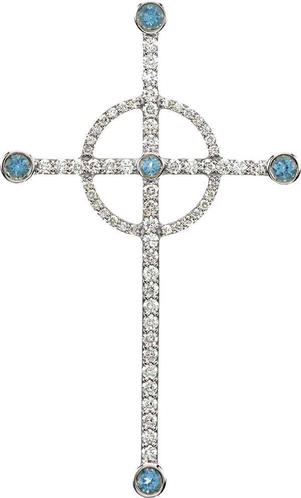 Halo Cross Swiss Blue Topaz and Diamond, 14k White Gold Pendant