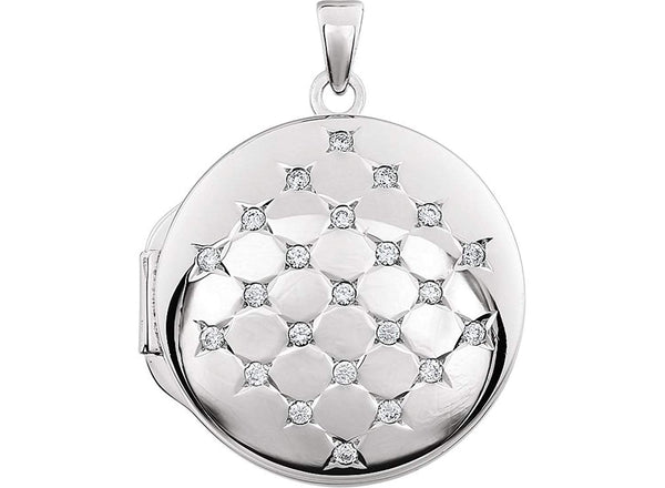 Sterling Silver Round Quilted CZ Locket Pendant