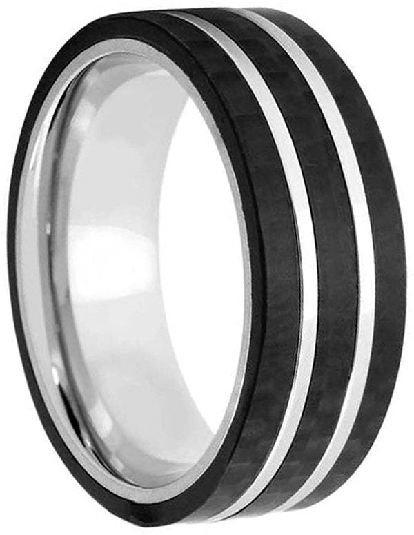 Men's Cobalt, Black Carbon Fiber Striped 8mm Comfort-Fit Band, Size 10.5
