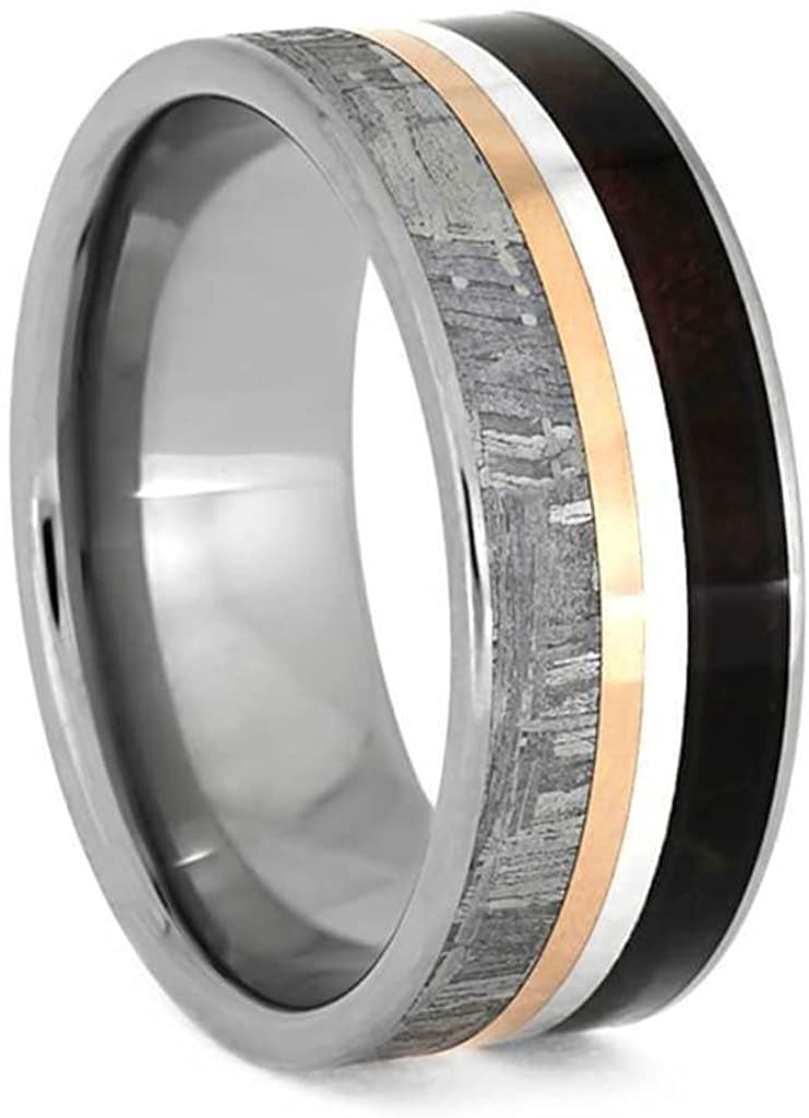 Gibeon Meteorite, Redwood, 14k Rose Gold, Sterling Silver 8mm Titanium Comfort-Fit Wedding Band, Size 13.75