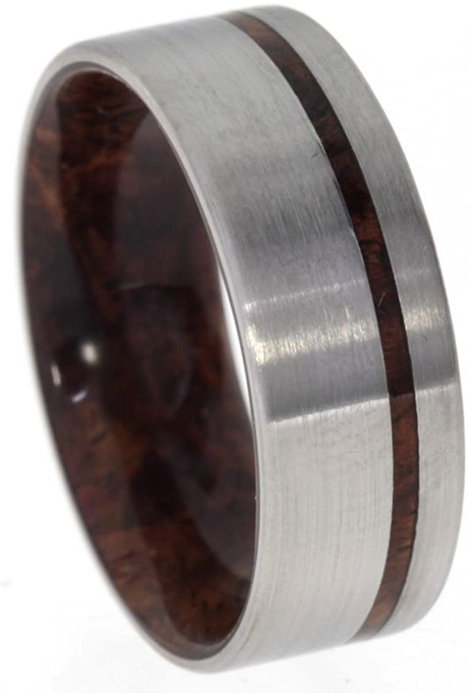 Honduran Rosewood Burl Wood Inlay 8mm Comfort Fit Brushed Titanium Band, Size 10