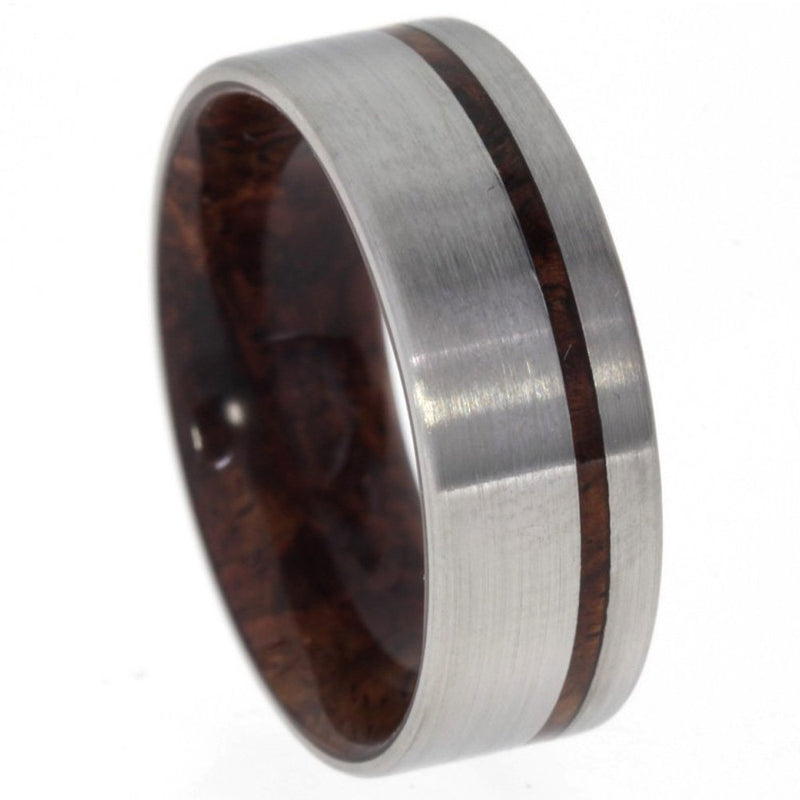 Honduran Rosewood Burl Wood Inlay 8mm Comfort Fit Brushed Titanium Band, Size 10