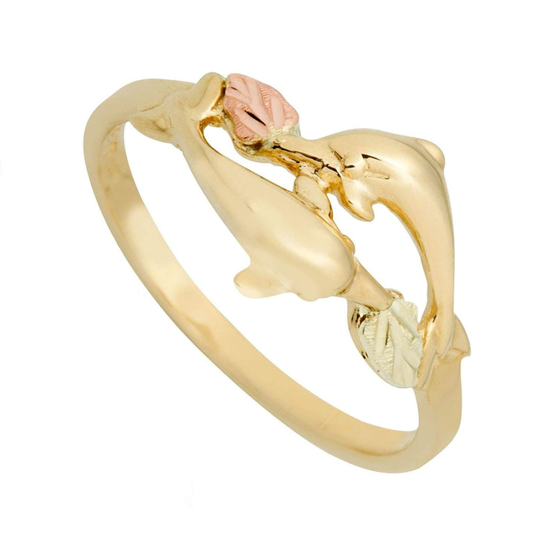 Slim Profile Dolphin Ring, 10k Yellow Gold, 12k Green and Rose Gold Black Hills Gold Motif