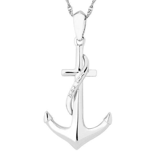 Diamond Cross Anchor Pendant Necklace, Rhodium Plated Sterling Silver, 18"