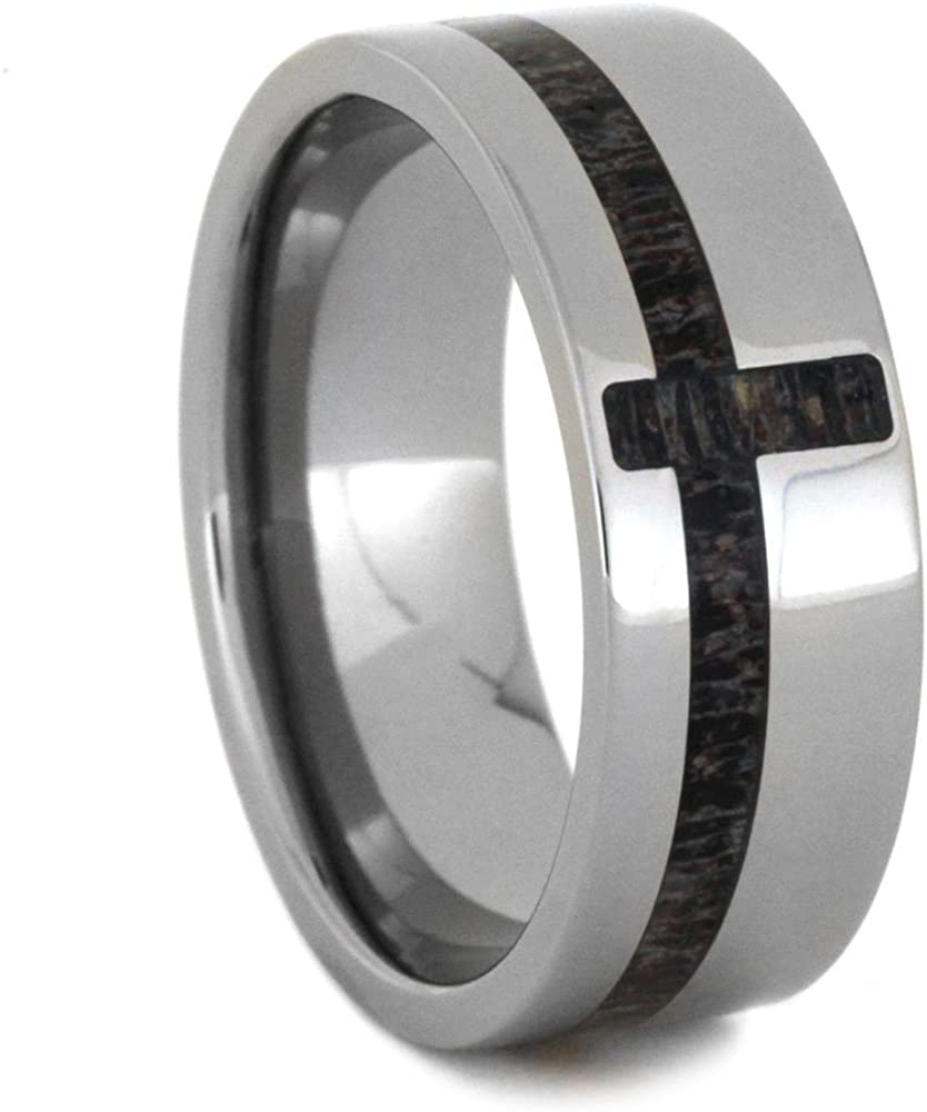 Cross Inlay of Deer Antler 8mm Comfort-Fit Titanium Wedding Band