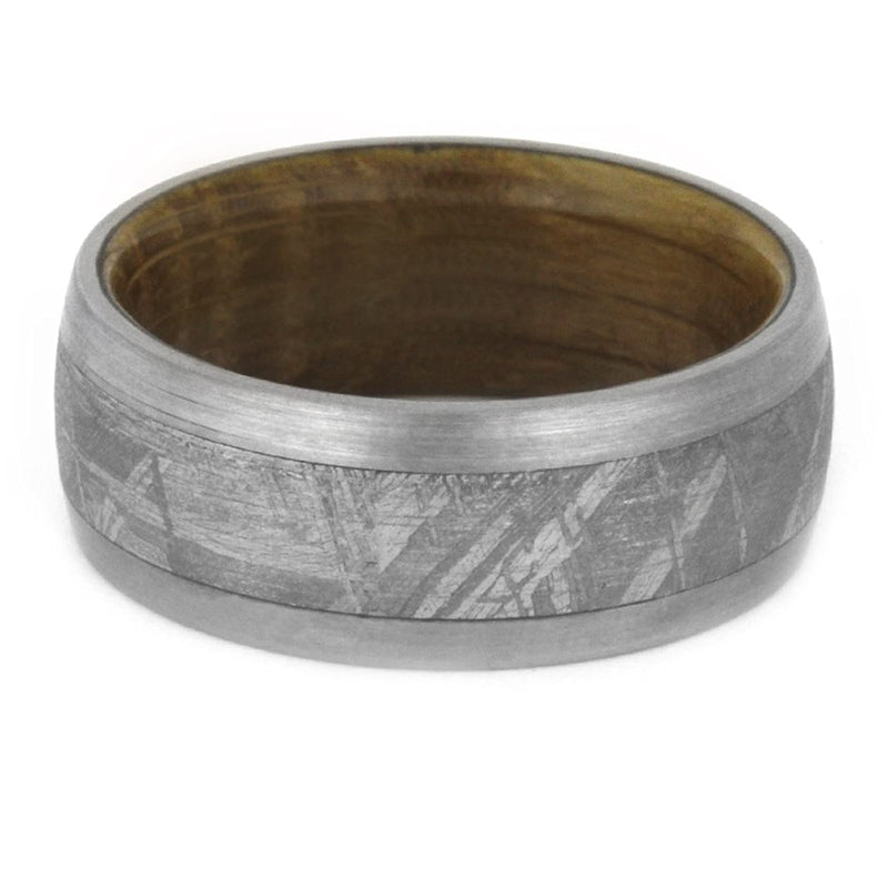 Whiskey Barrel Oak Wood, Gibeon Meteorite 9mm Comfort-Fit Brushed Titanium Band