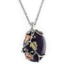 Purple Jade Pendant Necklace, Sterling Silver, 12k Green and Rose Gold Black Hills Gold Motif, 18"