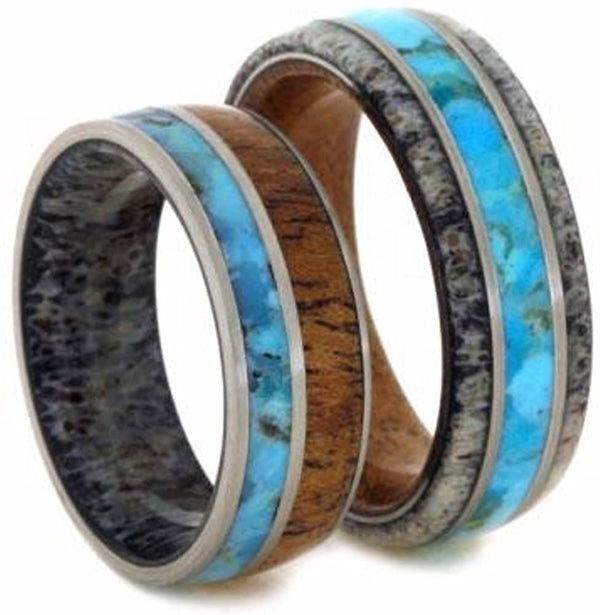 Turquoise, Mesquite Wood, Deer Antler Ring, Men's Turquoise, Antler, Mesquite Wood Ring, His and Hers Wedding Band Set, M9-F9.5