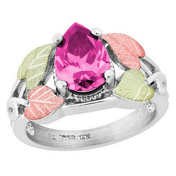 Pear Pink CZ Ring, Sterling Silver, 12k Green and Rose Gold Black Hills Gold Motif, Size 8