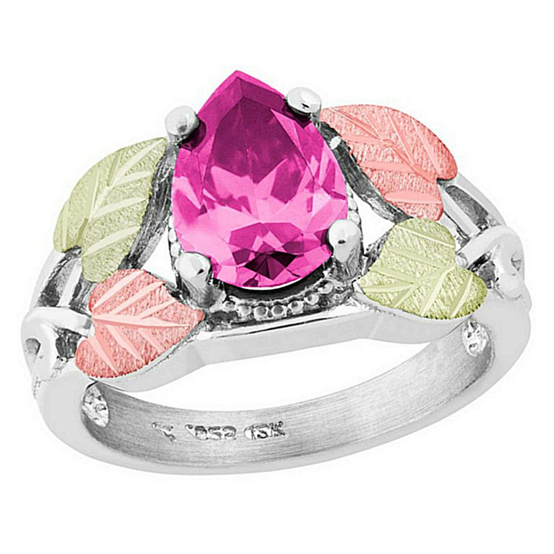 Pear Pink CZ Ring, Sterling Silver, 12k Green and Rose Gold Black Hills Gold Motif, Size 6.75